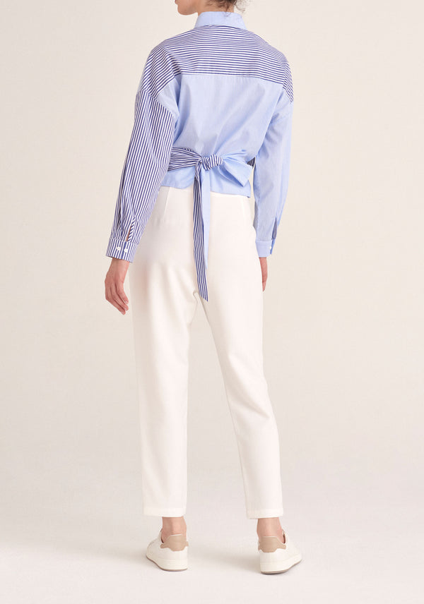 Paisie Contrast Stripe Wrap Shirt in Blue and White Back